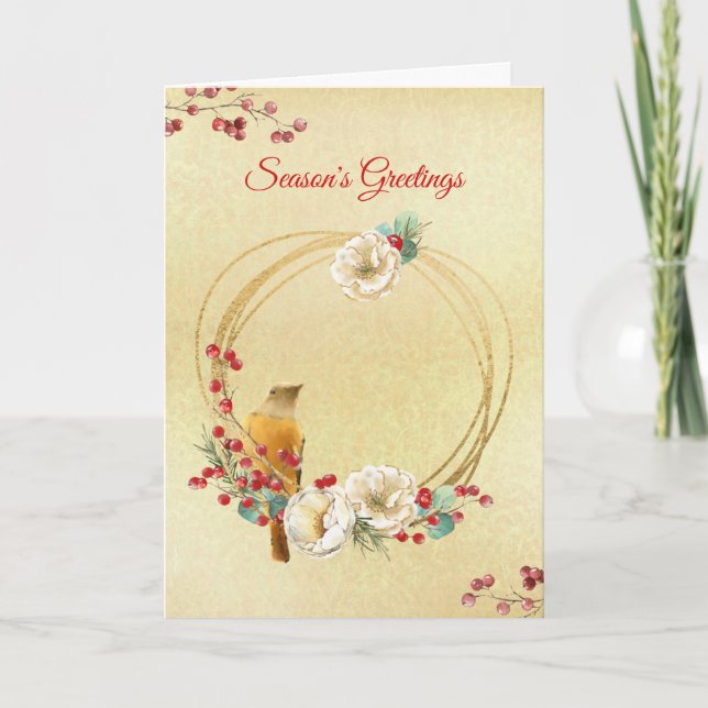 Gold Wreath with Magnolia and Bird Christmas  Card (Front)