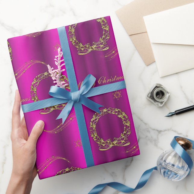 Gold Wreaths and Stars Pink Christmas Wrapping Paper (Gifting)