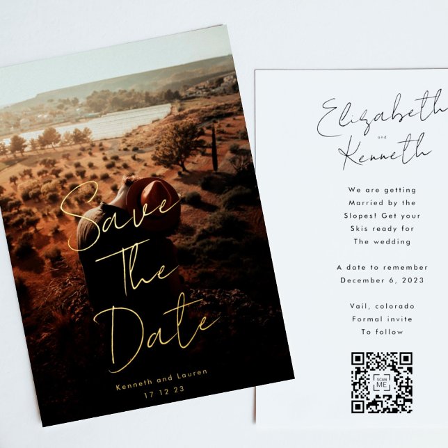 Gold Written Custom QR Code Photo Save The Date Foil Invitation (Creator Uploaded)