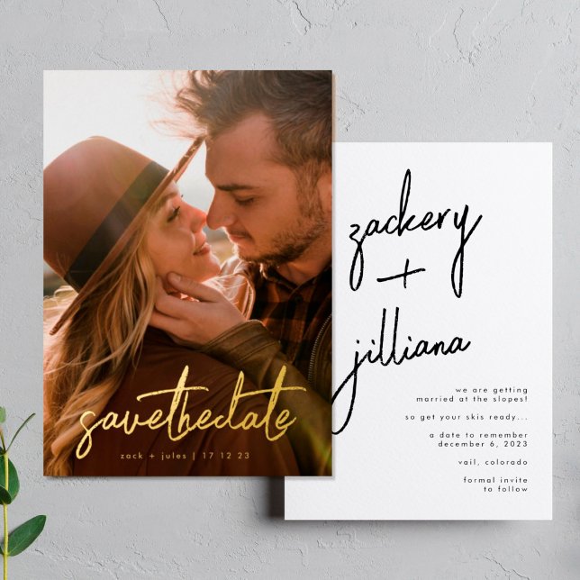 Gold Written Custom Stylish Photo Save The Date Foil Invitation (Creator Uploaded)