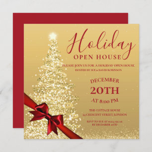 Gold Xmas Tree Christmas Holiday Open House  Invit Invitation