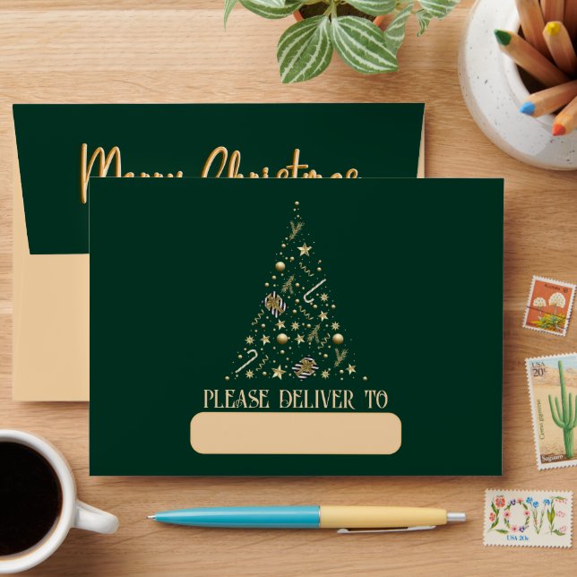 Gold Xmas Tree Emerald Green Merry Christmas Envelope (Desk)