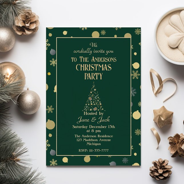 Gold Xmas Tree&Ornaments Emerald Green Christmas Invitation (Creator Uploaded)