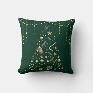 Gold Xmas Tree&Ornaments Emerald Green Christmas Throw Pillow