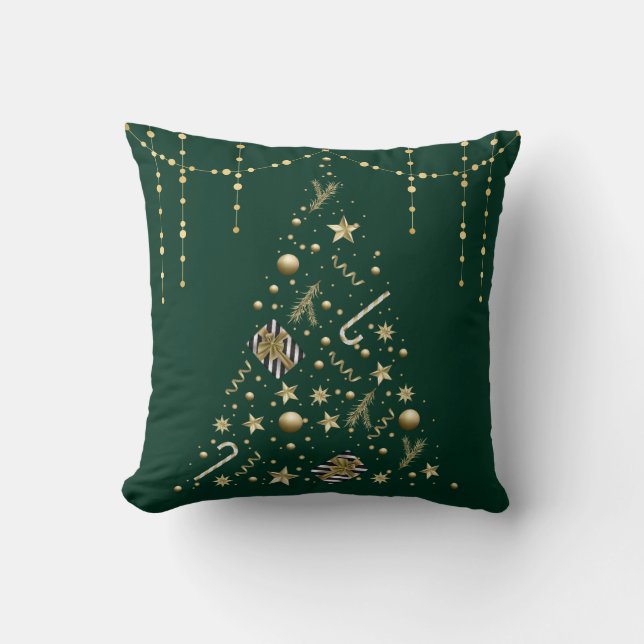 Gold Xmas Tree&Ornaments Emerald Green Christmas Throw Pillow (Front)