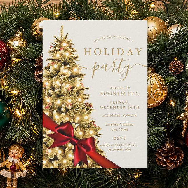 Gold Xmas Tree Red Bow Corporate Holiday Party  Invitation (Gold Xmas Tree Red Bow Corporate Holiday Party Invitation)