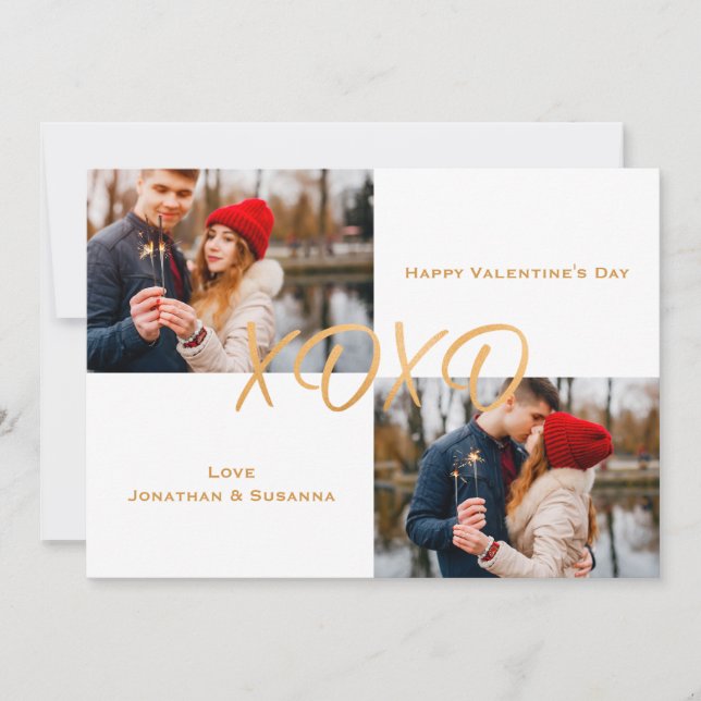 Gold XOXO Happy Valentine's Day Photo Holiday Card (Front)