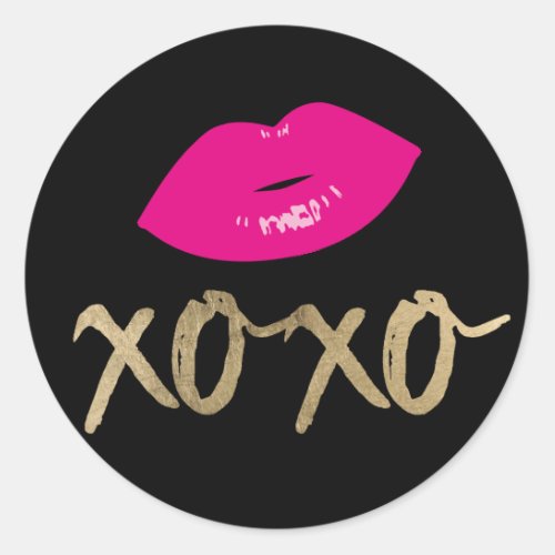 Gold XOXO Typography Hot Pink Lips Modern Black Classic Round Sticker