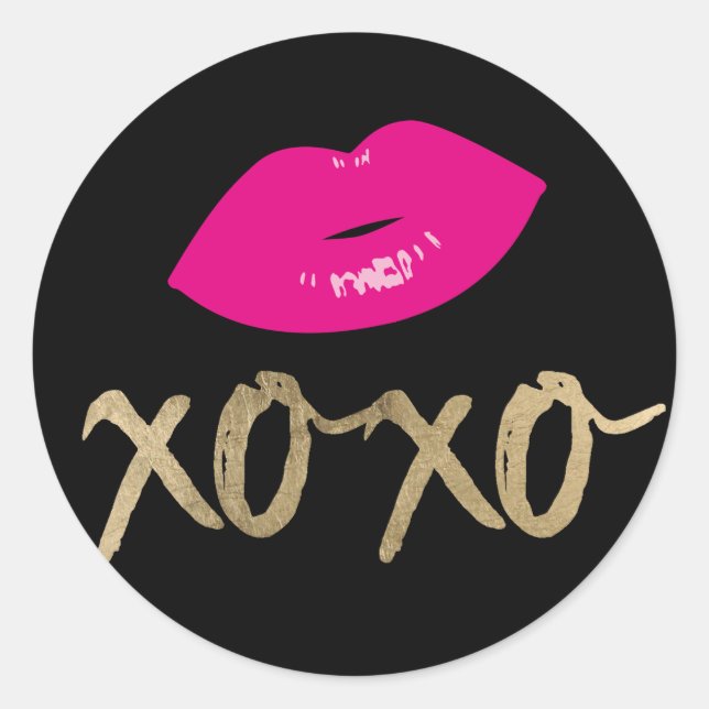 Gold XOXO Typography Hot Pink Lips Modern Black Classic Round Sticker (Front)