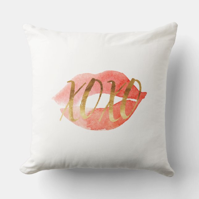 Gold XOXO Watercolor Lips Throw Pillow (Front)