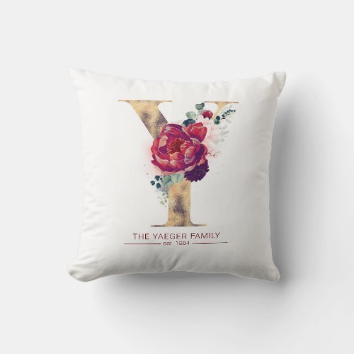 Gold Y Monogram Floral Burgundy Red Throw Pillow
