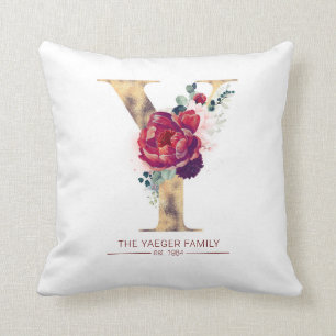 Gold Y Monogram Floral Burgundy Red Throw Pillow