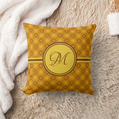 Gold Yellow Abstract Geometric Pattern Monogram Throw Pillow