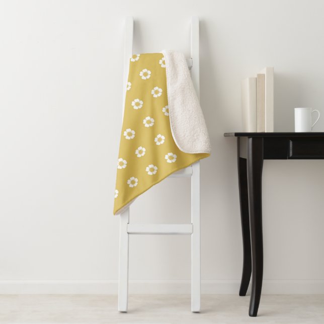 gold yellow and white Buttercup Flowers Sherpa Blanket (In Situ)