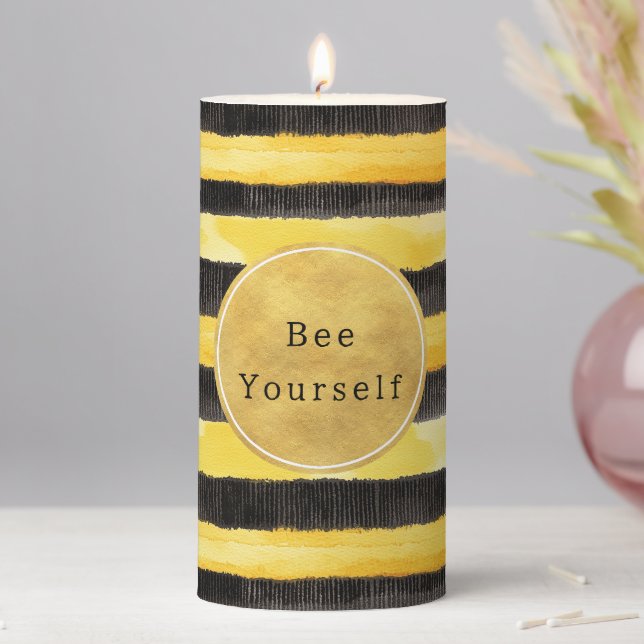 Gold Yellow Black Bee Stripes Pillar Candle (In Situ)