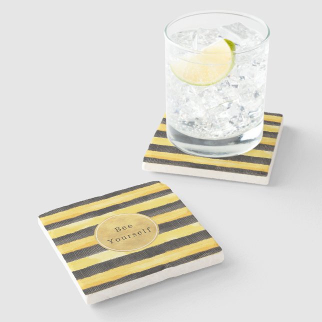 Gold Yellow Black Bee Stripes Stone Coaster (Side)