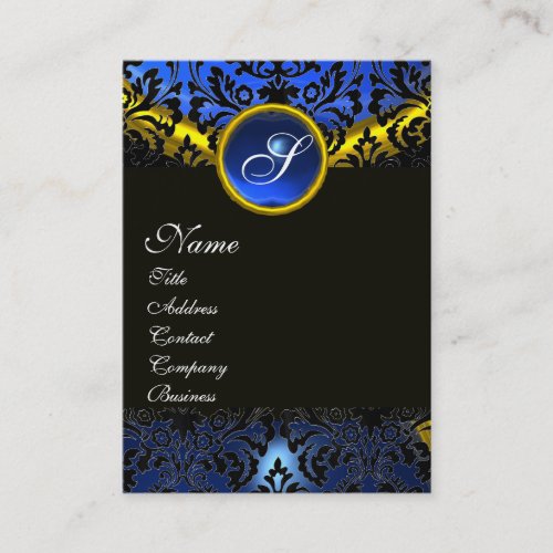 GOLD YELLOW BLACK BLUE SAPPHIRE DAMASK MONOGRAM BUSINESS CARD