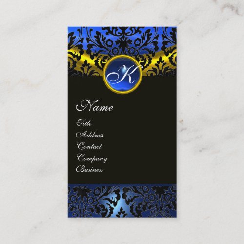 GOLD YELLOW BLACK BLUE SAPPHIRE DAMASK MONOGRAM BUSINESS CARD
