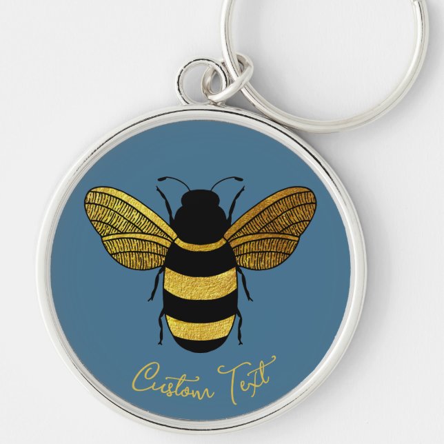 GOLD YELLOW BLACK BUMBLEBEE CALLIGRAPHY TEXT BEE  KEYCHAIN (Front)