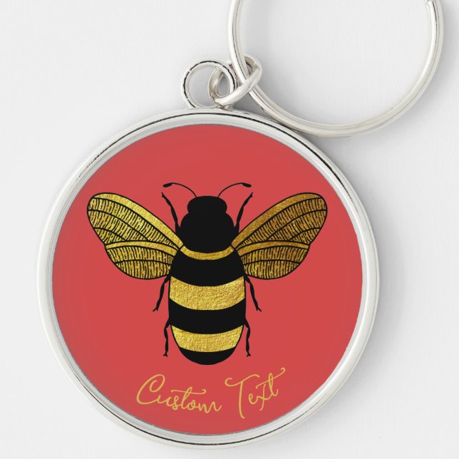 GOLD YELLOW BLACK BUMBLEBEE CALLIGRAPHY TEXT BEE  KEYCHAIN (Front)