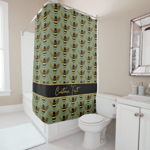 GOLD YELLOW BLACK BUMBLEBEE PATTERN TEXT BEE GREEN SHOWER CURTAIN