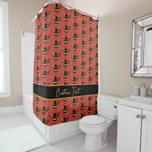 GOLD YELLOW BLACK BUMBLEBEE PATTERN TEXT BEE RED SHOWER CURTAIN