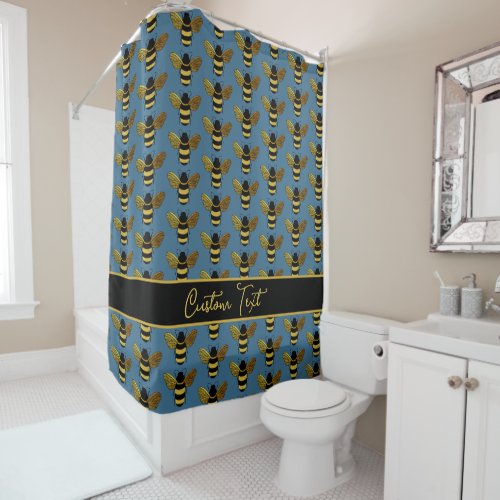 GOLD YELLOW BLACK BUMBLEBEE PATTERN TEXT BEES BLUE SHOWER CURTAIN