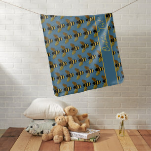 GOLD YELLOW BLACK BUMBLEBEE PATTERN TEXT BLUE BEE  BABY BLANKET
