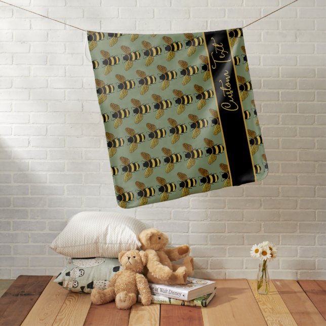 GOLD YELLOW BLACK BUMBLEBEE PATTERN TEXT GREEN BEE BABY BLANKET (In Situ)