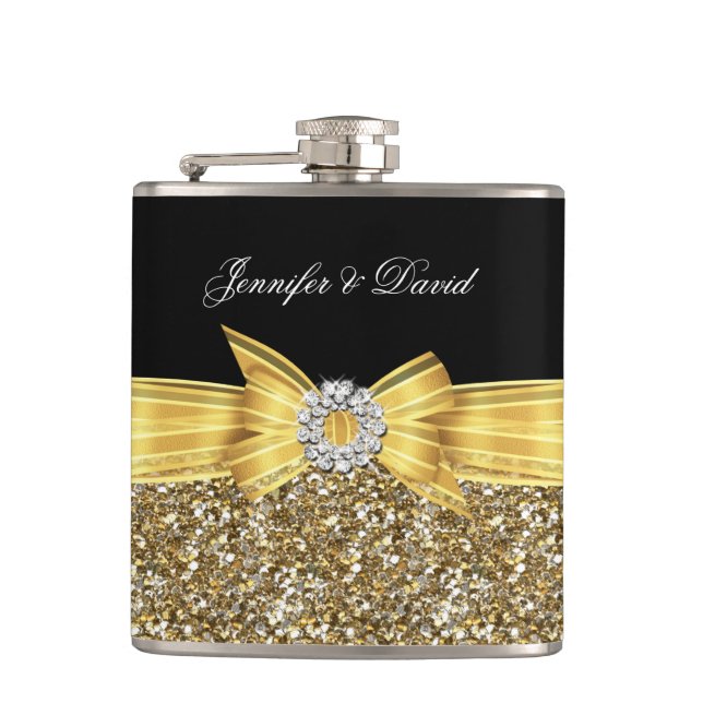 Gold Yellow Black Diamond Wedding Engagement Hip Flask (Front)