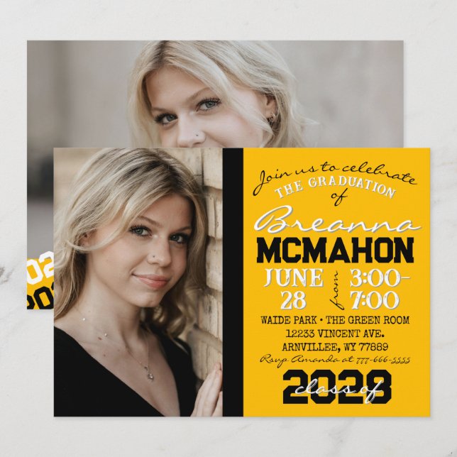 Gold Yellow & Black Graduation 2 Photo Invitation (Front/Back)