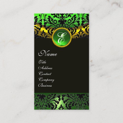 GOLD YELLOW  BLACK GREEN EMERALD  DAMASK MONOGRAM BUSINESS CARD