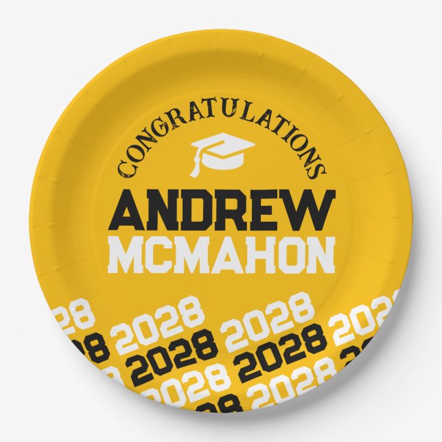 Gold Yellow & Black Half Repeat Grad Personalized Paper Plates (Front)
