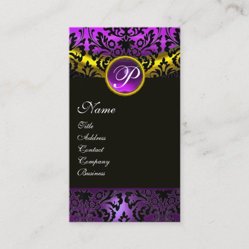 GOLD YELLOW BLACK PURPLE AMETHYST DAMASK MONOGRAM BUSINESS CARD