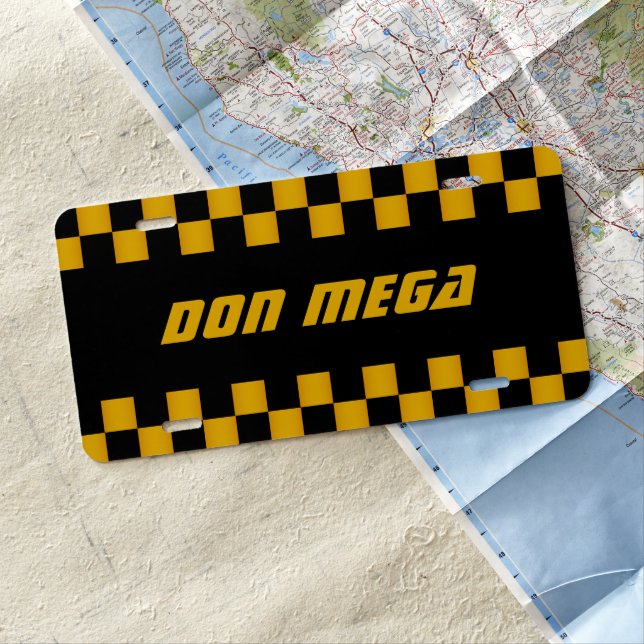 Gold Yellow & Black Race Car Checkerboard License Plate (In Situ)