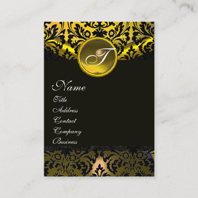 GOLD YELLOW BLACK TOPAZ  DAMASK MONOGRAM BUSINESS CARD (Front)