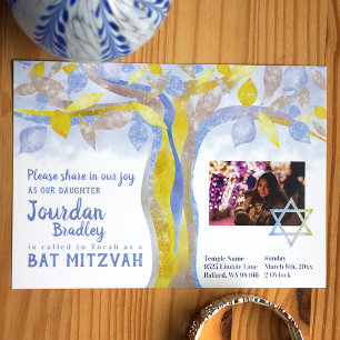 Gold, Yellow, Blue Tree of Life Bat Mitzvah Invitation