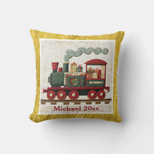 Gold/Yellow Border Holiday Engine   Family Gift Throw Pillow