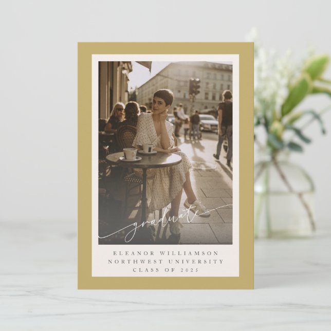 Gold Yellow Border Script Photo Elegant Graduation Announcement (Standing Front)