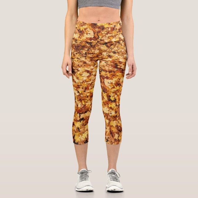 Gold yellow fall maple leaves Capri Leggings (Front)
