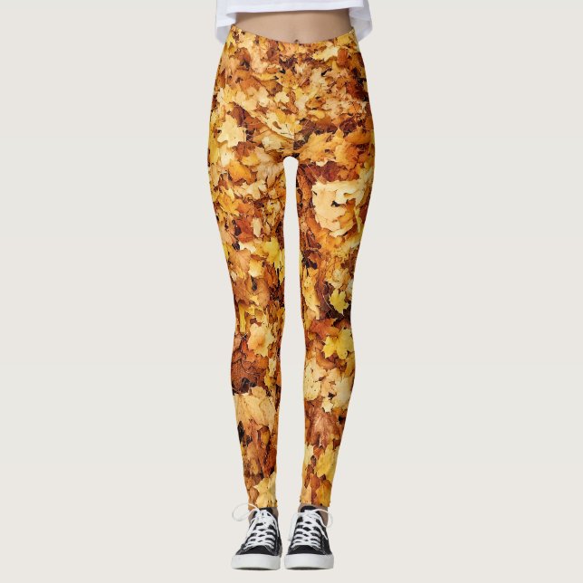 Gold yellow fall maple leaves leggings (Front)