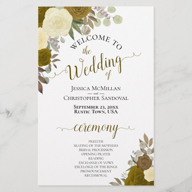 Gold & Yellow Floral Budget Wedding Program (Front)