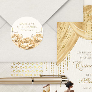 Gold Yellow Floral Elegant Quinceanera Classic Round Sticker