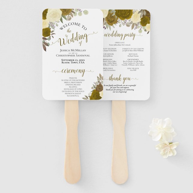 Gold & Yellow Floral Elegant Wedding Program Hand Fan (Front and Back)