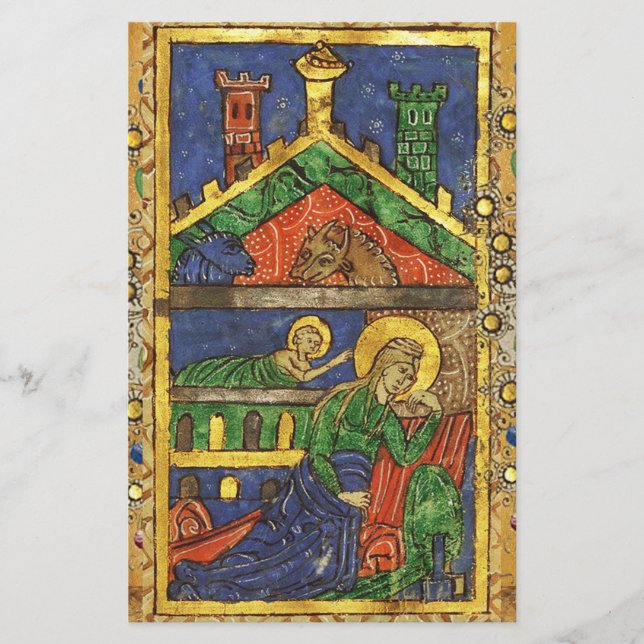 GOLD YELLOW FLORAL, NATIVITY CHRISTMAS PARCHMENT STATIONERY (Front)