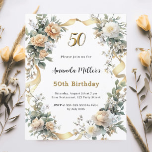 Gold yellow florals ribbon birthday invitation