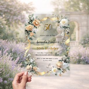 Gold yellow florals ribbon clear birthday acrylic invitations