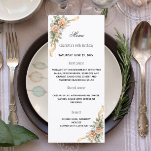 Gold yellow florals ribbon dinner menu card