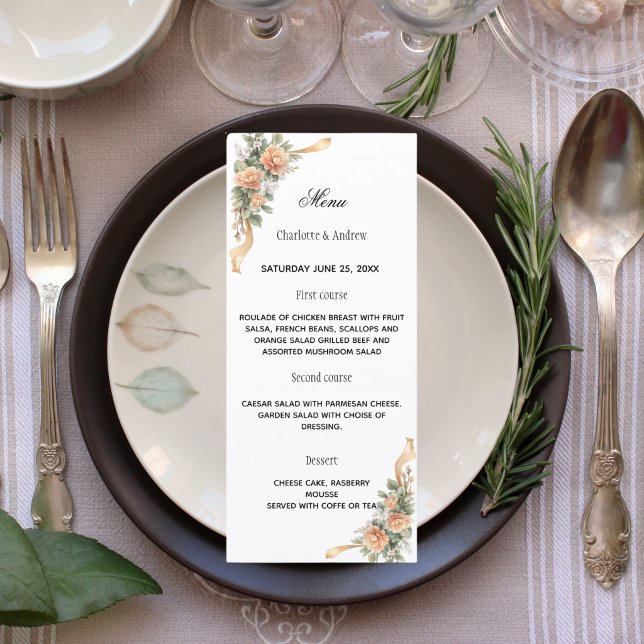 Gold yellow florals ribbon dinner wedding menu (Creator Uploaded)