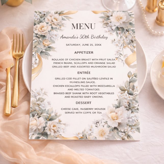 Gold yellow florals ribbon menu card (Creator Uploaded)